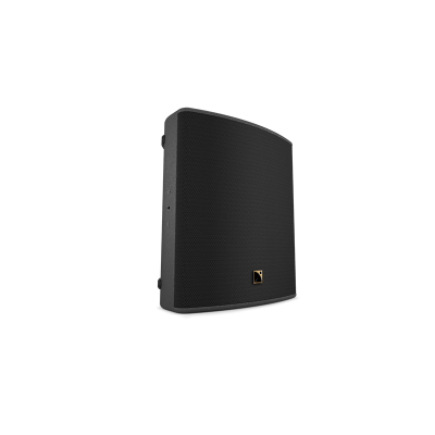 Coluna de som preta com grelha texturizada e logótipo dourado