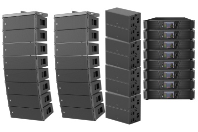 Conjunto de colunas e amplificadores de som profissional pretos sobre fundo branco