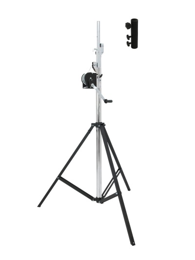 Tripé metálico ajustável com manivela e rolo de cabo, fundo branco