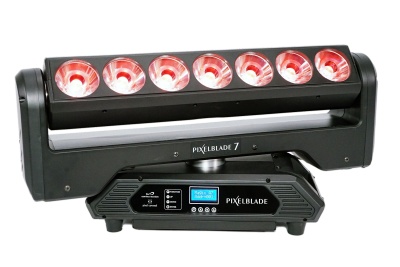 Luminária de palco PIXELBLADE 7 preta com refletores vermelhos e tela azul
