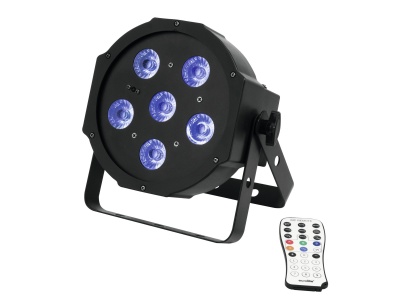 Projetor de luz LED preto com sete LEDs azuis e comando remoto branco