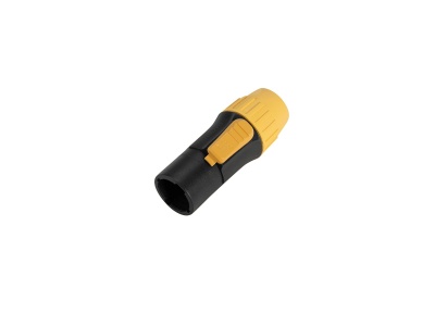 Conector elétrico preto e amarelo em fundo branco