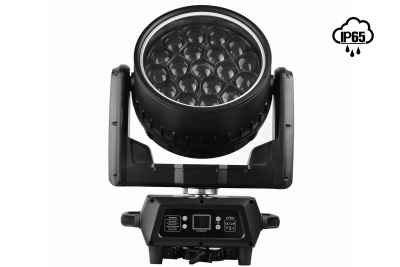 Refletor LED preto com 19 LEDs e suporte ajustável, painel de controlo digital, fundo branco.