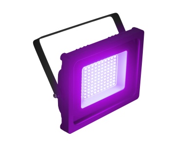 Refletor LED quadrado roxo com estrutura preta e alça metálica para fixação