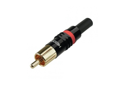 Conector RCA preto e dourado com anel vermelho em fundo branco