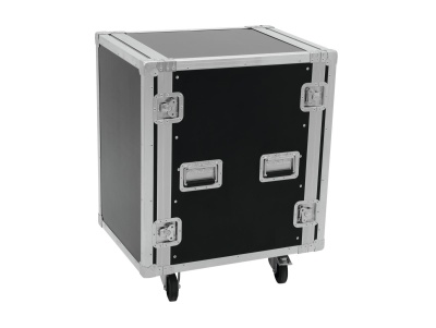 Mala de transporte preta com estrutura metálica e rodas