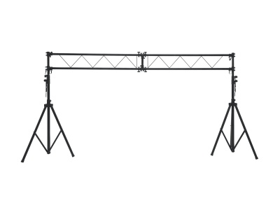 Suporte metálico preto com tripés e barras cruzadas para equipamento