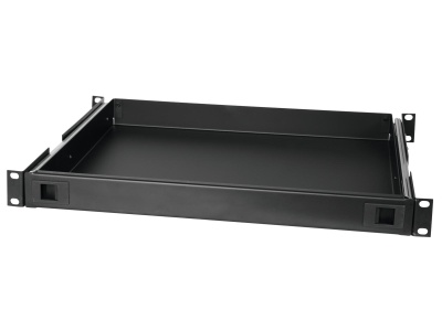 Bandeja metálica preta para rack com abas de fixação