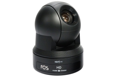 câmara PTZ preta com lentes visíveis e texto 'FOS HD', 'NDI HX', 'POWER' e 'STANDBY' na base