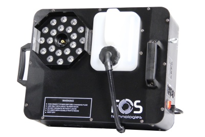 máquina preta com LEDs e tanque branco para efeitos de festa