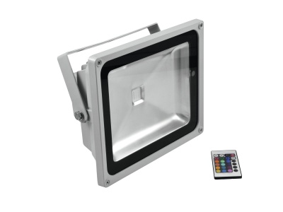 Projetor LED cinza com comando remoto colorido, em fundo branco