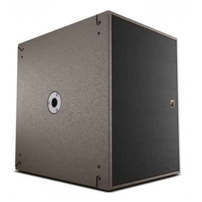 Coluna de som retangular cinza com frente preta e pequeno logotipo dourado