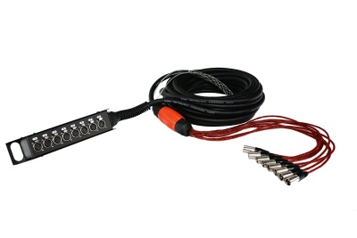 Cabo com 8 conectores XLR prateados ligados a painel preto com etiquetas numeradas e cabo principal preto enrolado