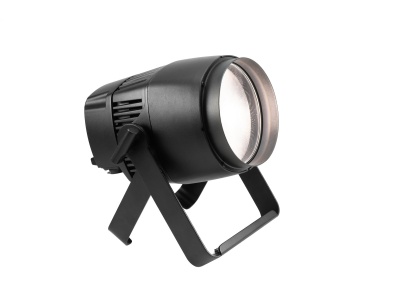 Refletor LED preto com suporte metálico em fundo branco