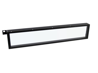 Janela retangular de vidro com moldura metálica preta e aba lateral para fixação