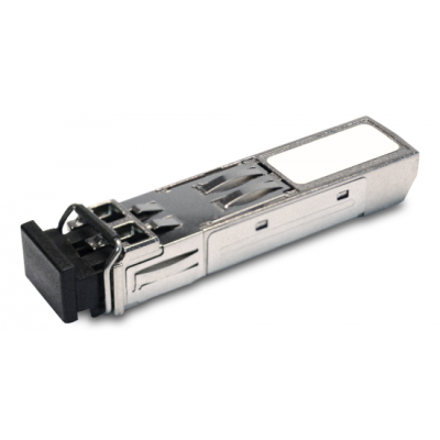 Conector óptico SFP metálico com etiqueta branca e fecho preto