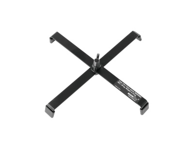 Suporte metálico preto em forma de cruz com parafuso central em fundo branco