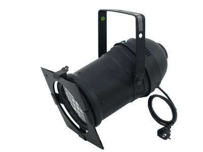 Projetor de luz preto para palco com suporte e cabo elétrico.