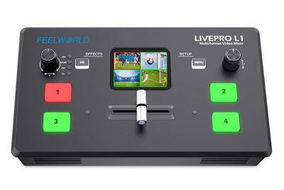 Mesa de mistura de vídeo Feelworld LIVEPRO L1 com botões coloridos e ecrã central