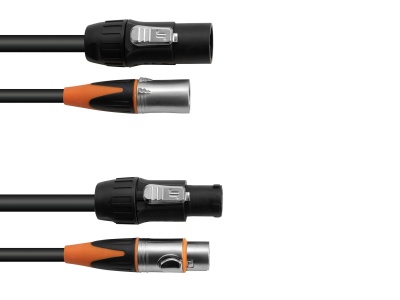 Cabos com conectores XLR preto, prateados, e revestimento preto e laranja