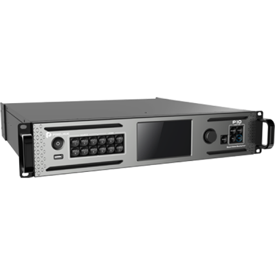 Equipamento de rack cinzento e preto com botões, ecrã e porta USB