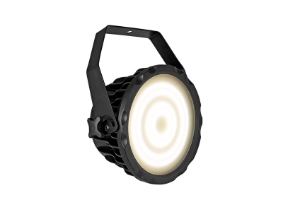 Luz LED redonda preta com suporte metálico e difusor branco