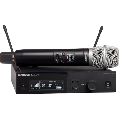 Microfone sem fios Shure SLXD4 com transmissor preto e recetor preto com visor digital