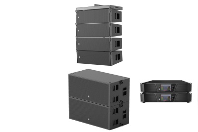 Sistema de som profissional com colunas preto e amplificadores com ecrã digital.