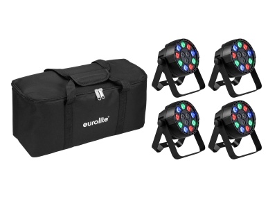 Quatro luzes LED RGB pretas com suporte e uma bolsa preta Eurolite
