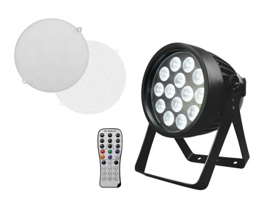 Projetor de luz LED preto com controle remoto e filtros brancos