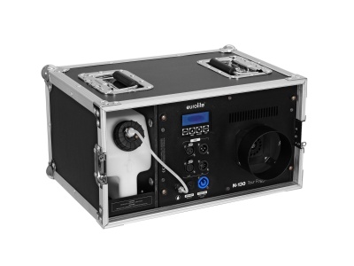 Máquina preta para efeitos de nevoeiro com painel digital e conexões frontais.