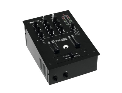 Mesa de mistura DJ preta com botões e sliders, indicador numérico e texto RANE MP 24