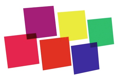 Seis quadrados coloridos semi-transparentes sobrepostos