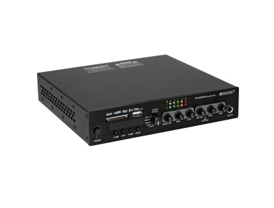 Amplificador digital de áudio preto com botões e visor