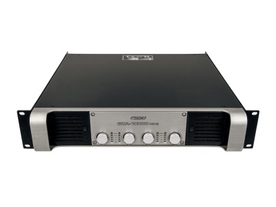 Amplificador de áudio Pronomic PS-30 preto e prateado em fundo branco