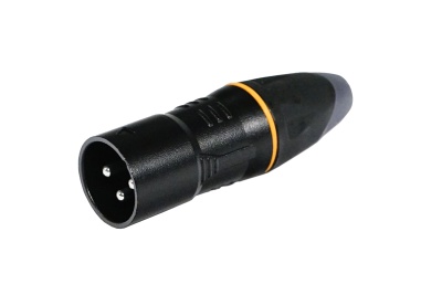 Conector XLR macho preto com anel laranja e três pinos