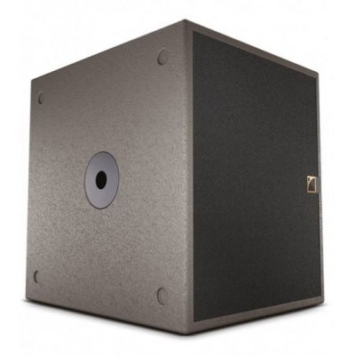 Caixa de som cúbica com corpo cinza e frente preta
