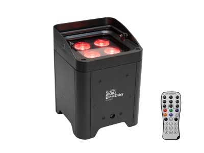 Luz LED quadrada preta com quatro luzes vermelhas e controlo remoto cinza em fundo branco