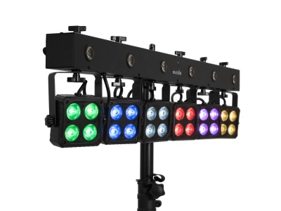 Sistema de iluminação LED multicolor em barra preta com suporte