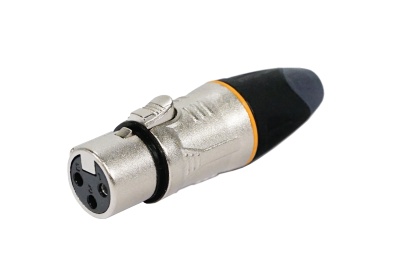 Conetor XLR feminino metal prateado com acabamentos preto e laranja.