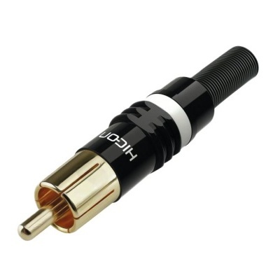 Conetor RCA Hi-fi preto com ponta dourada e isolamento branco