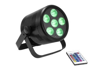 Projetor de luz LED preto com sete LEDs verdes e controlo remoto colorido
