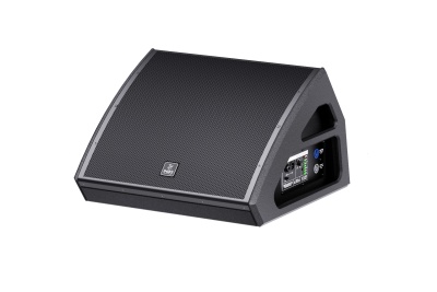 Coluna de som preta tipo monitor de palco com alça lateral e painel traseiro com conectores