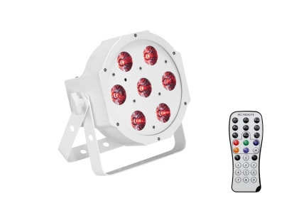 Refletor LED branco com sete LEDs vermelhos e controlo remoto multibotão preto e branco