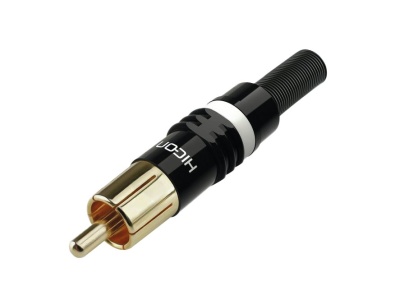 Conector RCA preto e dourado com anel branco e texto HICON