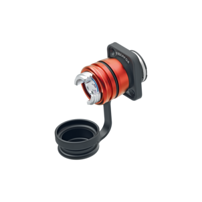 Conector de fibra óptica vermelho e preto com tampa e base com texto