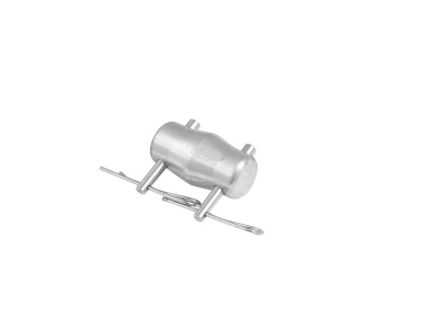 Peça metálica prateada com fixações e fecho de mola