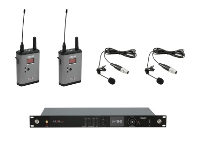 Sistema de microfone sem fios com transmissores, microfones de lapela e recetor WISE para montagem em rack