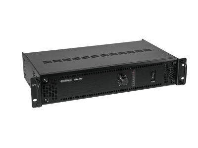 Amplificador áudio preto em rack com botão central e interruptor
