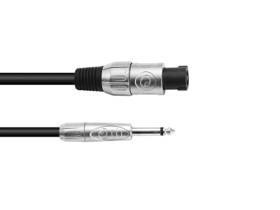 Cabo de áudio preto com conetores metálicos prateados XLR e jack TS